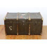 Antique French trunk in the style of Louis Vuitton, having brass locks, 19" H x 38 1/2" W x 20 1/