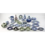 English Wedgwood collection, twenty-six (26) pieces total, including: dishes, clock, cups, vase,