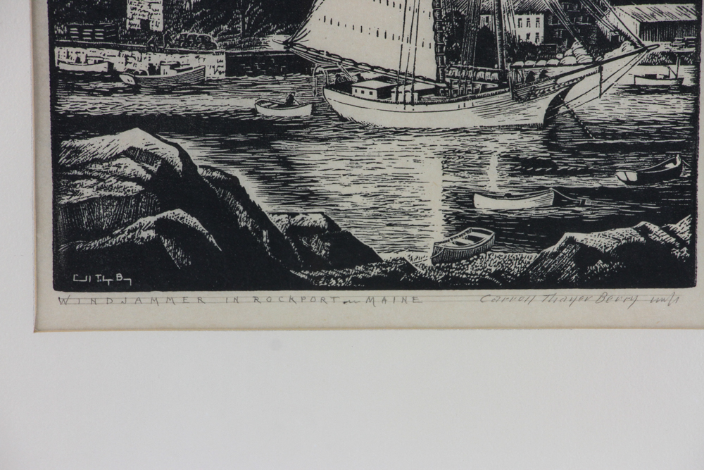 Carroll Thayer Berry (1886-1978), windjammer in Rockport, Maine, woodblock print, signed in - Image 3 of 4