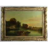 Late 19th century English School, landscape with boys fishing, oil on canvas, 24" x 36", framed