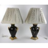 Pair of Louis XVI lamps, porcelain and ormolu bronze with shades, 28" H to top of finial.