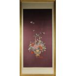 Chinese embroidered panel, basket of flowers, 55" x 26". Provenance: From a Danvers, Massachusetts
