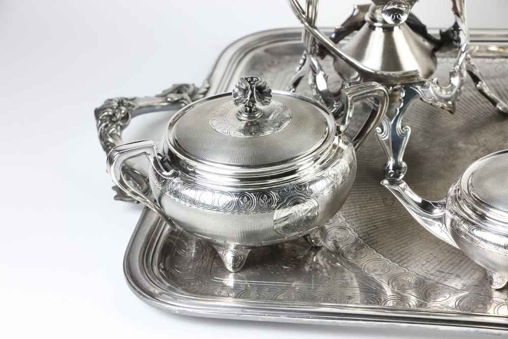 Christofle marked 8 piece silverplated tea set having a dragon handle tray, marking numbers 30, - Image 3 of 10