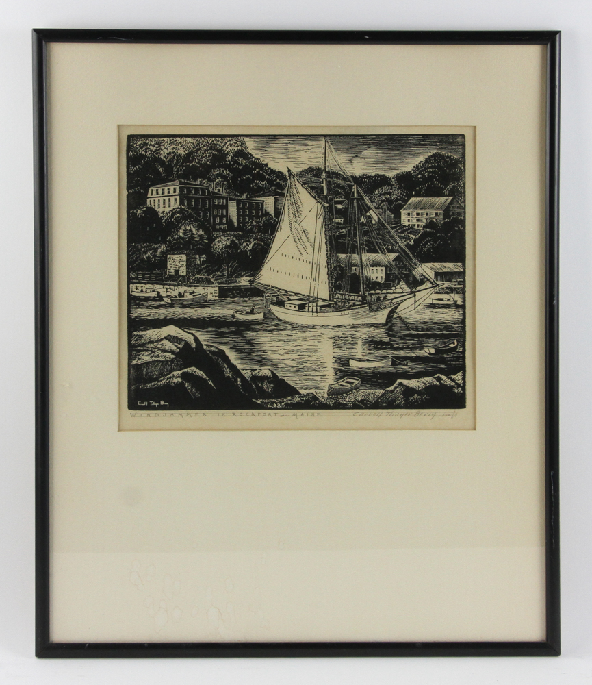 Carroll Thayer Berry (1886-1978), windjammer in Rockport, Maine, woodblock print, signed in