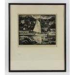 Carroll Thayer Berry (1886-1978), windjammer in Rockport, Maine, woodblock print, signed in