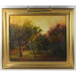 Teri Thomas Gilfilen, Spring woodland landscape, oil on board, signed, 23" x 29", custom giltwood