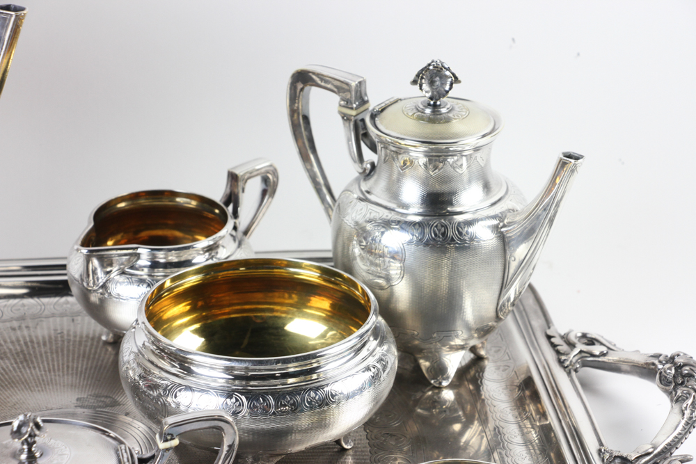 Christofle marked 8 piece silverplated tea set having a dragon handle tray, marking numbers 30, - Image 7 of 10