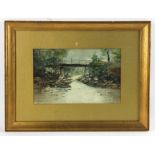 E. Thomas signed, bridge over river, watercolor, framed 12" x 15". Provenance: From a Beverly,