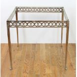 Old brass Gothic table with glass top, 29" H x 32" W x 32" D. Provenance: From an Everett,