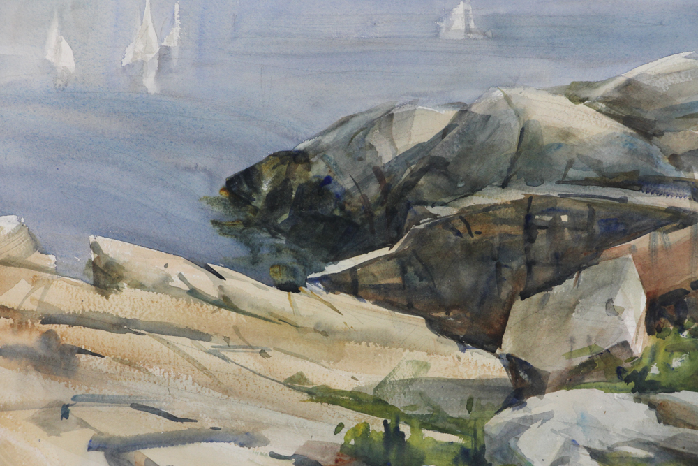 Betty Lou Schlemm (b. 1934), Pigeon Cove, Rockport, watercolor, signed, 15" x 22", framed 23" x 30". - Image 3 of 6