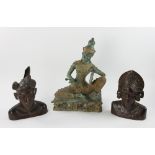 Thailand wood carvings, 10" H x 7 1/2" W, together with seated bronze figure 16" H x 10" W.