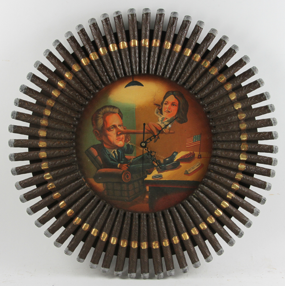 President Clinton hand-painted clock, 23" diameter. Provenance: From a Danvers, Massachusetts