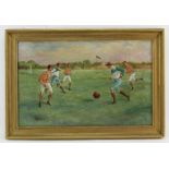 E. Roder, soccer players, oil on canvas, signed, 14 1/2" x 23", framed 18" x 26".