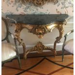 19th century French rococo carved giltwood console table with marble top, 38" H x 48" W x 20" D.