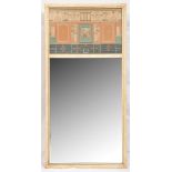 Adam-style decorative mirror, having paper panel at top and faux marble frame, 38" H x 19" W.