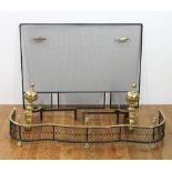 English brass andirons with early wine fender and screen, 10" H x 47" W x 13" D. Provenance: From