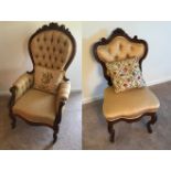 Victorian high back upholstered chair and ladies' slipper chair. Provenance: Estate of antique