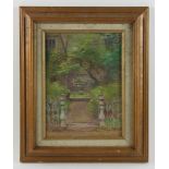 Anna C. Tomlinson (American, 1872-1962), garden view with urn, pastel, 11 1/2" x 8", framed 17" x