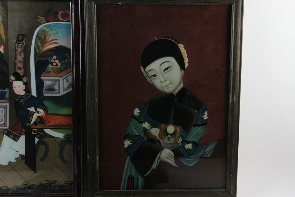 Chinese reverse painting on glass, group of three, 22" x 15 1/2". Provenance: From the estate of - Image 2 of 5