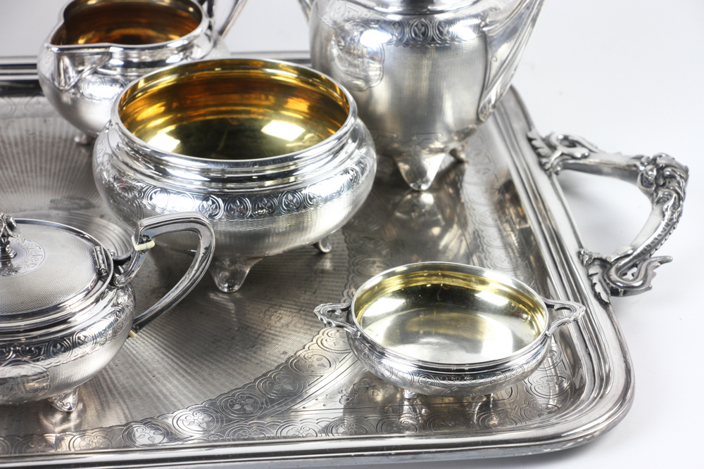 Christofle marked 8 piece silverplated tea set having a dragon handle tray, marking numbers 30, - Image 6 of 10