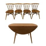 Ercol Harvest Gold Drop Flap Elm Table & Set of 4 Ercol Candlestick Chairs with crossover backs,
