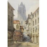 Watercolour Busy Continental Street Scene, cathedral exterior to centre, by Samuel Prout (1783 -