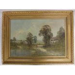 Oil on Canvas Rural Scene with farmer, thatched cottages, open fields & pond to fore, signed F