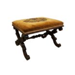 C19th Regency Double U Stool with c-scroll supports, turned centre stretcher, overstuffed seat,