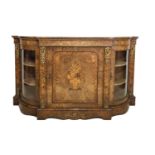 Mid C19th Burr & Figured Walnut Credenza with bands of marquetry, 2 bowed ends with glass doors