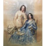 F/g Mid C19th Watercolour 2 Young Ladies, described to reverse `Grandad HC Lewin's mother standing