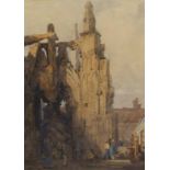 Watercolour Cathedral Exterior with figures to foreground & large wagon, by Samuel Prout, approx. 15
