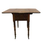 Georgian Mahogany Work Table on ringed turn supports with brass cup castors, twin drop flaps, 2