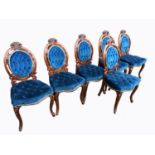 Set of 6 Victorian Carved Rosewood Balloon Back Dining Chairs with blue upholstery button seats &