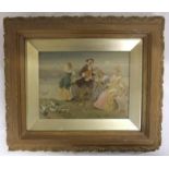 F/g C19th Watercolour Figures by lake, he playing mandolin, 3 ladies with dog, signed, in gilt frame