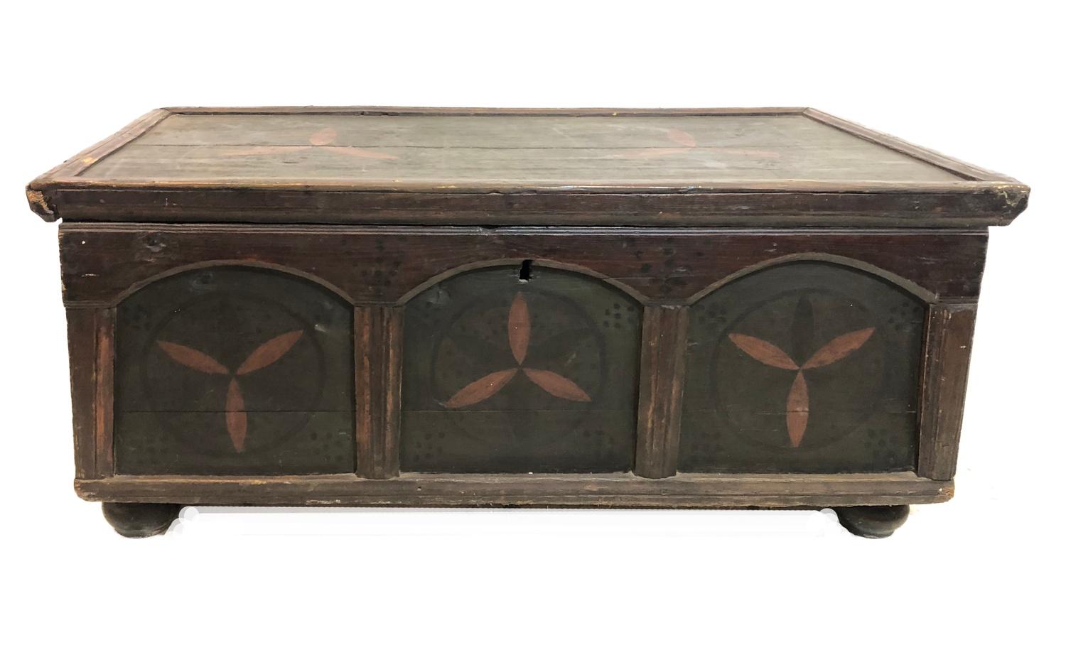 Large Late C18th/Early C19th Ukrainian Painted Pine Coffer marked with propeller symbols to ward off
