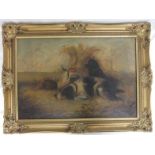 Oil on Canvas Dogs Beside Hay Stook, signed J Langlois, laid to panel in swept gilt frame, approx.