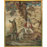 C19th Rosewood Framed Grospoint Tapestry Soldier & Huntsman beside a tree with dead deer & dog,
