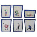 Set 6 Chinese Rice Paper Pictures Figures in various pursuits incl. fishing, juggling, etc., in gilt