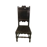 C17th Oak Side Chair with tall panelled back, turned front supports, flat section stretchers, wooden