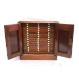 C19th Victorian Mahogany Collectors Cabinet on plinth base with pair raised panelled doors, interior