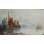 F/g Oil on Board Ships Moored by quay, no visible signature, in swept gilt frame, approx. 19 3/4"