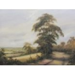 C20th Oil on Canvas Rural Scene looking over the downs with tall tree to foreground, by Hilary