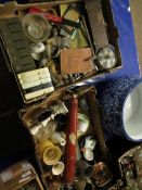 TWO BOXES OF MIXED PARASOL, ODDMENTS, CHINA WARES ETC