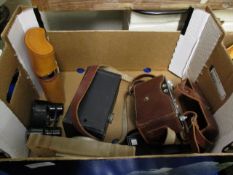 BOX OF CAMERAS, ONYX MOUNTED BAROMETER, PLASTER WALL PLATES ETC