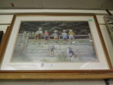 TWO PINE FRAMED PRINTS OF CHILDREN