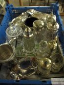 QUANTITY OF MIXED SILVER LIDDED CASTERS, SILVER PLATED WARES, GRAVY JUGS ETC