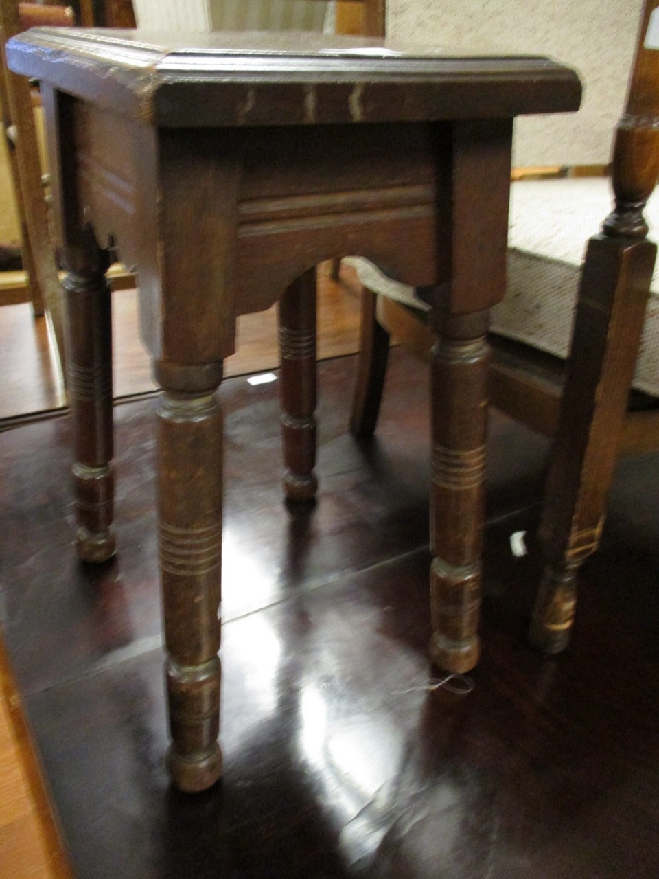 MAHOGANY FRAMED STOOL WITH RING TURNED LEGS