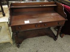 VICTORIAN MAHOGANY SIDE TABLE WITH TWO DRAWERS WITH OPEN SHELF WITH TURNED KNOB HANDLES