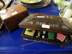 ROSEWOOD AND MOTHER OF PEARL INLAID SEWING BOX AND CONTENTS TOGETHER WITH AN OAK FRAMED METAL