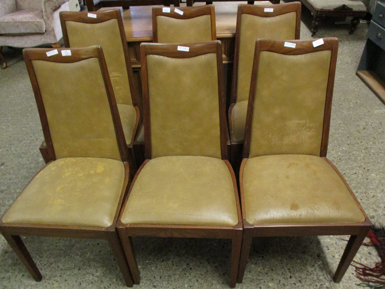 SET OF SIX RETRO TEAK FRAMED DINING CHAIRS WITH BEIGE REXINE UPHOLSTERY